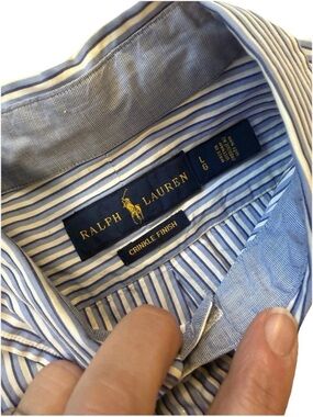 Ralph Lauren Blue White Striped Button Down Shirt Men’s Large Crinkle Finish